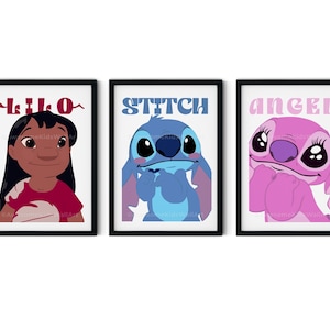 Juego de 3 impresiones de arte de pared para niños de Lilo y Stitch Angel, linda decoración para habitación de niñas, impresiones de Stitch, ilustraciones de Lilo y Stitch A3 A4 A5