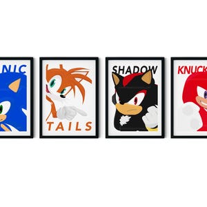 Set of 4 Sonic Tails wall art prints, Tails, Knuckles & Shadow the Hedgehog posters, minimalist art, kids room art print, A3, A4