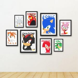 Láminas artísticas de Sonic Shadow para guardería, juego de 8, decoración de habitación infantil, arte de pared para guardería, Tails, Amy, Rose, Knuckles, Silver Jet, Dr Eggman, decoración sónica, tamaño A4, tamaño A3