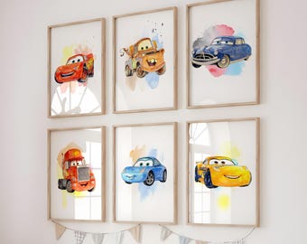 ピクサー カーズ ウォールアート ポスター 水彩画セット、印刷可能なプリント6枚セット、ライトニング・マックィーン、メーター、マック、ドック・ハドソン、サリー、クルーズ カーズ ルーム
