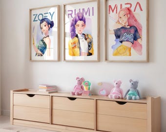 Kpop Demon Hunters 水彩画3枚セット、ルミ、ミラ、ゾーイ、女の子の部屋の装飾
