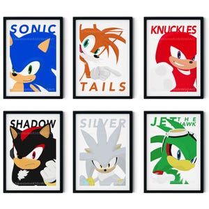 sonic the hedgehog poster art prints, Tails, Knuckles & Shadow + more bedroom art print, minimalist art, kids room art print, A3, A4, A5