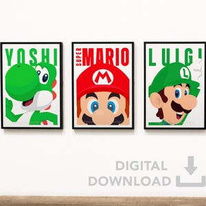 Set of 3 Mario, luigi, yoshi printable poster, Gamer gift for him minimalist art, kids room art print, A3, A4, 11x14, mario wall art