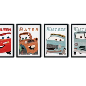 Set of 4 Cars Prints for Nursery Lightning McQueen Mater Sally Carrera Rusty & DustyPrint for Toddlers Room Cars Theme Wall Art actual print