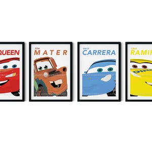 Set of 4 Cars Prints for Nursery Lightning McQueen Mater Sally Carrera Cruz Ramirez Print for Toddlers Room Cars Theme Wall Art actual print