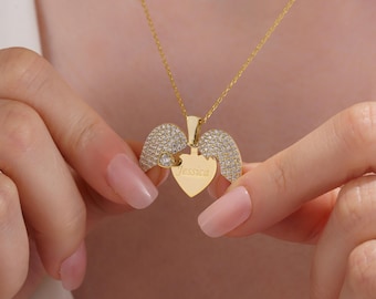 Custom Angel Wing Heart Locket Necklace: 14K Gold Plated, Engraved Name