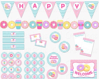 Donut Birthday Party Printable Decorations Package - Doughnut Party Printables - Party Banner - Donut Shop Party - INSTANT DOWNLOAD Pdf