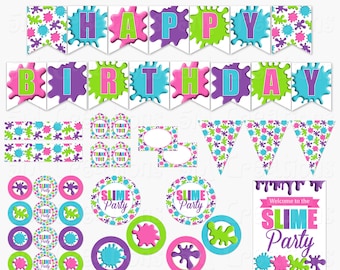 SLIME Birthday Party Printable Decorations - Girl Slime Birthday Party -  Pink Purple Green Blue Banner Cupcake Toppers  INSTANT DOWNLOAD