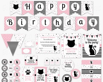 Cat Birthday Party Decorations - Kitty Adoption Party Printable Decor Package - Pink & Black Kitten Cupcake Toppers Banner Instant Download