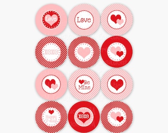 Valentines Day Cupcake Toppers - Valentines Day Party Printables - Red Pink Heart Cupcake Toppers Tag Sticker - digital - INSTANT DOWNLOAD