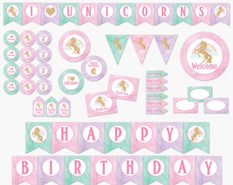 Unicorn Party Decorations - Pastel Watercolor Unicorn Birthday Party Package - Pony Banner - Digital Printable Package INSTANT DOWNLOAD Pdf