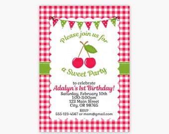 Cherry Birthday Party Invitation - Picnic Birthday Party- Red Gingham Invite - Cherry Printable Invite - 1st First Birthday Party Invitation