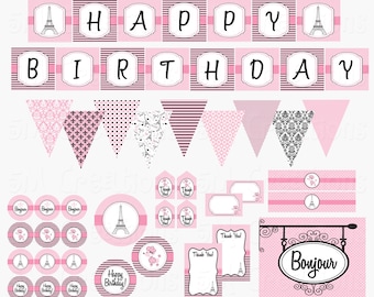 Paris Birthday Party Decorations - Paris Party Printable Decor -Paris French Poodle Eiffel Tower Cupcake Topper Banner Instant Download