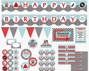 50s Birthday Party Decor - 1950 Sock Hop Diner Birthday Party Printables -Poodle Skirt Roller Skate Cupcake Toppers Banner Instant Download