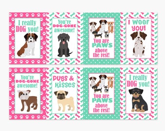 Printable Puppy Valentines Day Card - School Valentines Day Card - Dog Valentines - Pink Mint Valentines - Girl Teen Tween Valentine Tag Pug