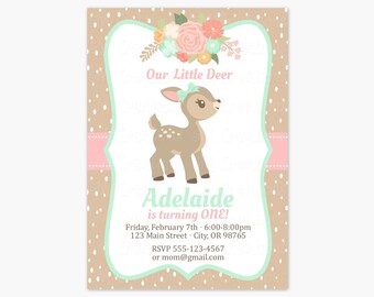 Deer Birthday Party Invitations - Floral Deer Birthday Party Invite - Woodland Animal Printable Invite - First Birthday - Baby Shower Invite