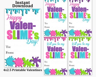 Printable Slime Valentines Day Card - School Valentine's Day Card - Slime Valentines - Printable Girl Tween Teen Valentine Card- Tag Sticker