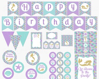 Decorazioni per feste di compleanno a forma di sirena - Pacchetto decorazioni stampabili per feste sotto il mare - Banner con topper per cupcake a forma di sirena, etichette per bomboniere, download istantaneo