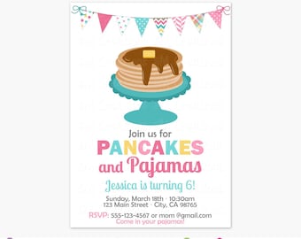 Pancakes & Pajamas Birthday Party Invitations - Pancakes and PJs Printable Invitation - Girl Party Digital Invite -  pink and aqua