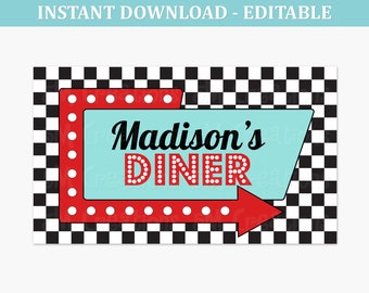 1950s Diner Party Sign - 50s Birthday Party Poster- Printable Sock Hop Soda Shop Backdrop - Personalized Banner  - EDITABLE INSTANT DOWNLOAD
