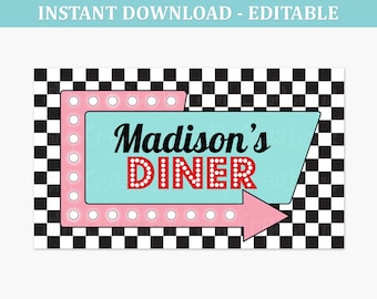 1950s Diner Party Sign - 50s Birthday Party Poster- Printable Sock Hop Party Backdrop - Retro Diner Soda Shop- EDITABLE INSTANT DOWNLOAD