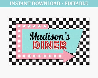 1950s Diner Party Sign - 50s Birthday Party Poster- Printable Sock Hop Party Backdrop - Retro Diner Soda Shop- EDITABLE INSTANT DOWNLOAD