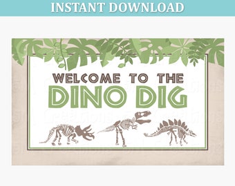 Znak imprezy Dino Dig - plakat na imprezę urodzinową z dinozaurem - tło imprezy z dinozaurem do wydrukowania - NATYCHMIASTOWE POBIERANIE