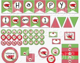 Watermelon Birthday Party Package - Watermelon Printable Decorations - Picnic Party- Watermelon Banner Cupcake Toppers- INSTANT DOWNLOAD Pdf
