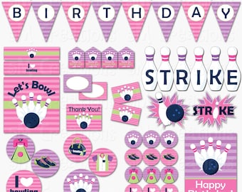 Bowling Birthday Party Decorations - Bowling Party Package - Girl Bowling Banner Cupcake Toppers - Printable Instant Download Pdf