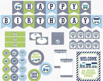 Zug-Geburtstags-Party druckbares Paket - Zug-Party-Dekorationen - Banner Cupcake Toppers Favor Tag Zeichen blau marine grün Instant Download