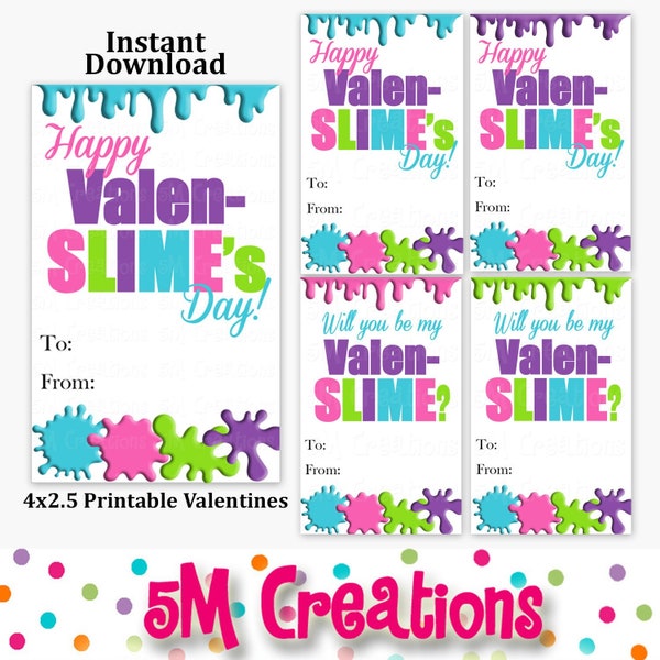 Printable Slime Valentines Day Card - School Valentine's Day Card - Slime Valentines - Printable Girl Tween Teen Valentine Card- Tag Sticker