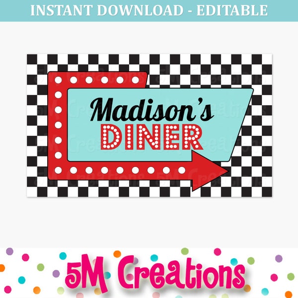 1950s Diner Party Sign - 50s Birthday Party Poster- Printable Sock Hop Soda Shop Backdrop - Personalized Banner  - EDITABLE INSTANT DOWNLOAD