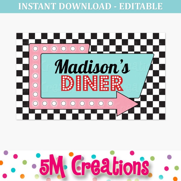 1950s Diner Party Sign - 50s Birthday Party Poster- Printable Sock Hop Party Backdrop - Retro Diner Soda Shop- EDITABLE INSTANT DOWNLOAD
