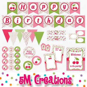Cherry Birthday Party Decorations - Cherry Birthday Party Printable Package - Girl Summer Picnic Party - Red Green Gingham INSTANT DOWNLOAD