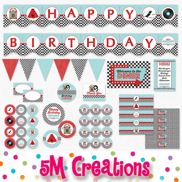 50s Birthday Party Decor - 1950 Sock Hop Diner Birthday Party Printables -Poodle Skirt Roller Skate Cupcake Toppers Banner Instant Download