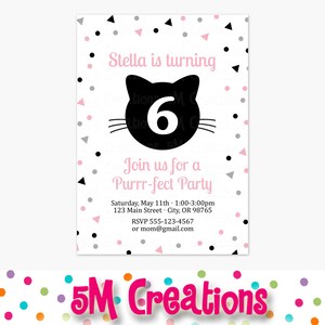 猫の誕生日パーティー招待状 - 子猫の誕生日パーティー招待状 - 子猫の養子縁組の印刷可能な招待状 - ピンクと黒