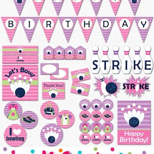 Bowling Birthday Party Decorations - Bowling Party Package - Girl Bowling Banner Cupcake Toppers - Printable Instant Download Pdf