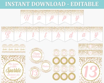 Golden Birthday Party Printable Decorations - Pink and Gold Birthday Party Printables - Editable Party Decor INSTANT DOWNLOAD