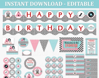 50s Birthday Party Decor - 1950 Sock Hop Diner Birthday Party EDITABLE Printables -Poodle Skirt Cupcake Toppers Banner Instant Download