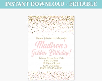 Golden Birthday Party Invitations - Pink and Gold Glitter Printable Invitation - Editable Printable Invite