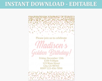 Golden Birthday Party Invitations - Pink and Gold Glitter Printable Invitation - Editable Printable Invite