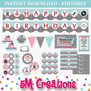 50s Birthday Party Decor 1950 Sock Hop Diner Birthday Party EDITABLE Printables Poodle Skirt Cupcake Toppers Banner Instant Download image 1