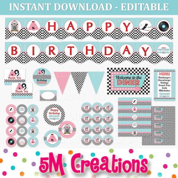 50s Birthday Party Decor - 1950 Sock Hop Diner Birthday Party EDITABLE Printables -Poodle Skirt Cupcake Toppers Banner Instant Download