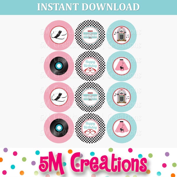 50s Diner Happy Birthday Cupcake Toppers - Cupcake Toppers imprimables - 1950 Sock Hop Diner Birthday Party Decor - Téléchargement instantané