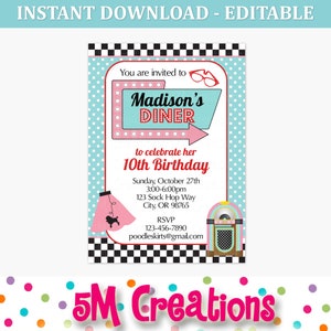 1950s Birthday Party Invitation Printable EDITABLE Instant Download 50s Birthday Party Invite Sock Hop Retro Diner Soda Shop Poodle Skirt image 1