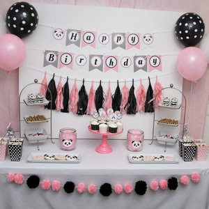 Panda Party Decor - Panda Birthday Party Printables -  Printable Pink Black Panda Cupcake Toppers Banner - First Birthday - Instant Download