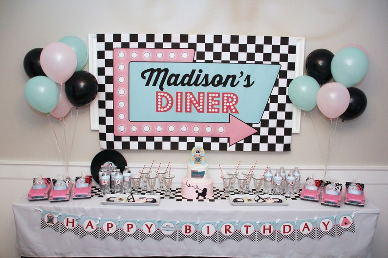 50s Birthday Party Decor 1950 Sock Hop Diner Birthday Party EDITABLE Printables Poodle Skirt Cupcake Toppers Banner Instant Download image 4