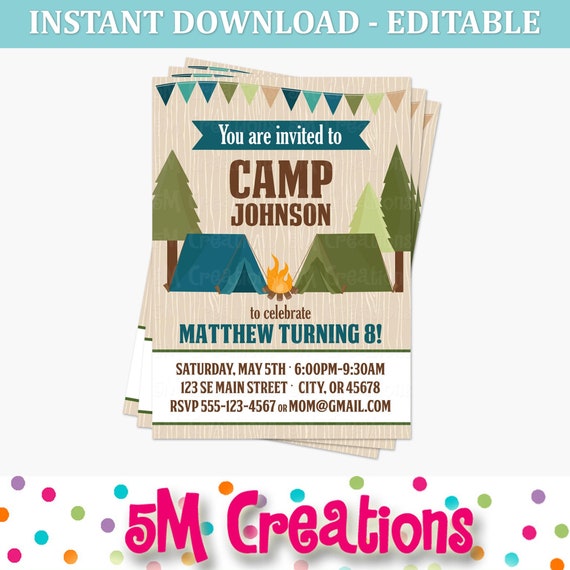 Camping Birthday Party Printable Invitation - EDITABLE INSTANT DOWNLOAD - Camping Invite - Boy Tent Outdoor Adventure Invitation - pdf Il_570xn