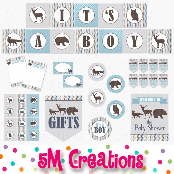 Woodland Baby Shower Decorations - Foerst Animal Party Package - Fox Deer Bear Banner Cupcake Toppers - Digital Package - INSTANT DOWNLOAD Il_570xn