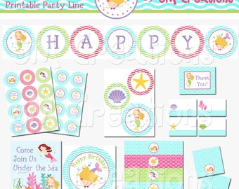 Peut inclure: Un ensemble de fête sur le thème de la sirène imprimable avec une bannière qui dit "HAPPY", des décorations pour cupcakes, des étiquettes de faveur et un panneau qui dit "Venez nous rejoindre sous la mer".